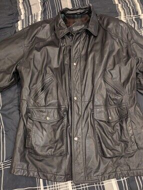 Vintage 90s Preswick & Moore Black Leather Car Coat / Field Jacket XL